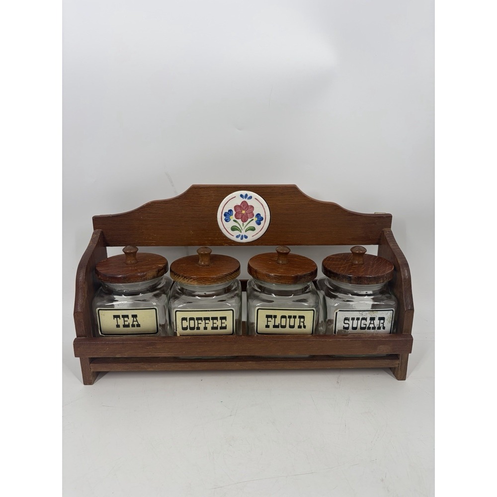 VTG Taiwan Oak Wood Glass Canister Set Farmhouse CottageCore Tea Coffee Sugar